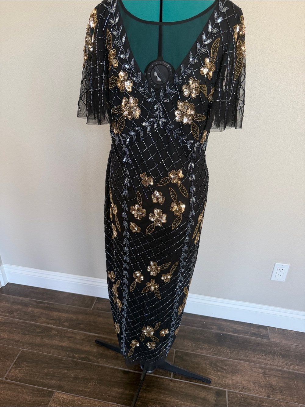 Adrianna Papell Black Maxi Dress with Gold Floral Beading